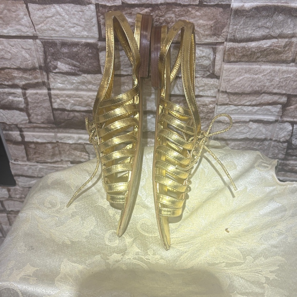 CHANEL Metallic Gold Lace-Up Flat Sandals